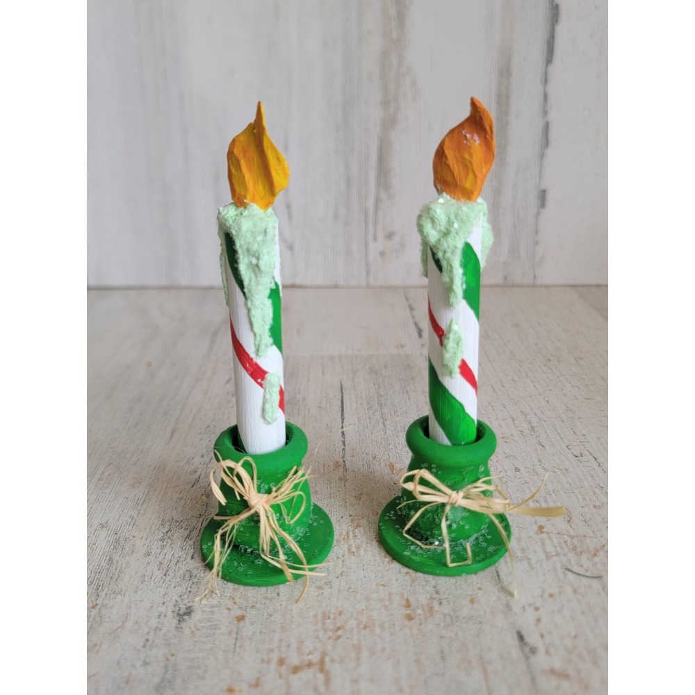 Vintage wooden striped candle Xmas home decor mini bow figure set flame faux